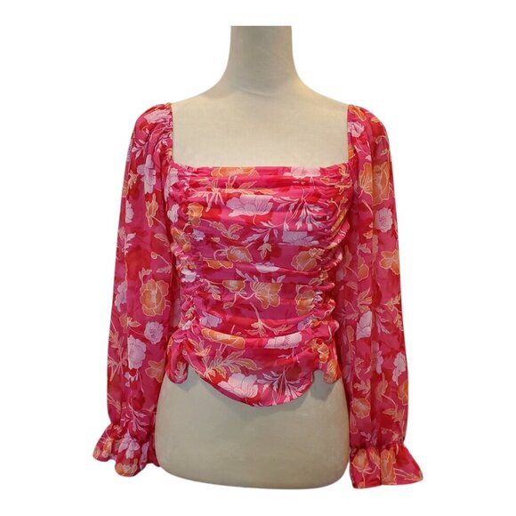 PLEIONE SZ S Pink/Orange Floral Ruched, Smocked Back Spring/Summer Sexy Blouse - Picture 2 of 10